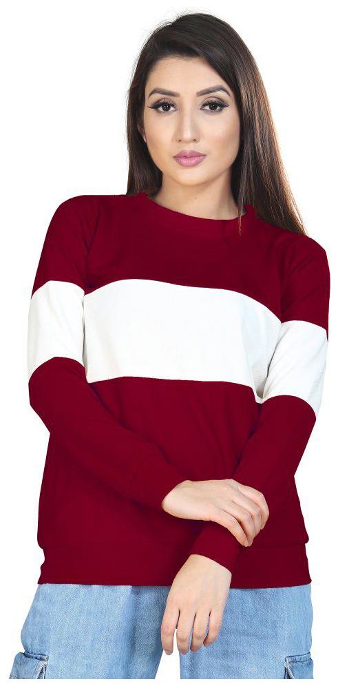 

ALPOSH Women Lycra Colorblocked Maroon White T Shirt