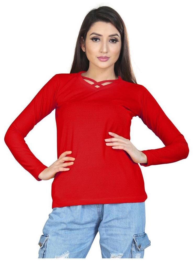 

ALPOSH Women Lycra Solid Red T Shirt