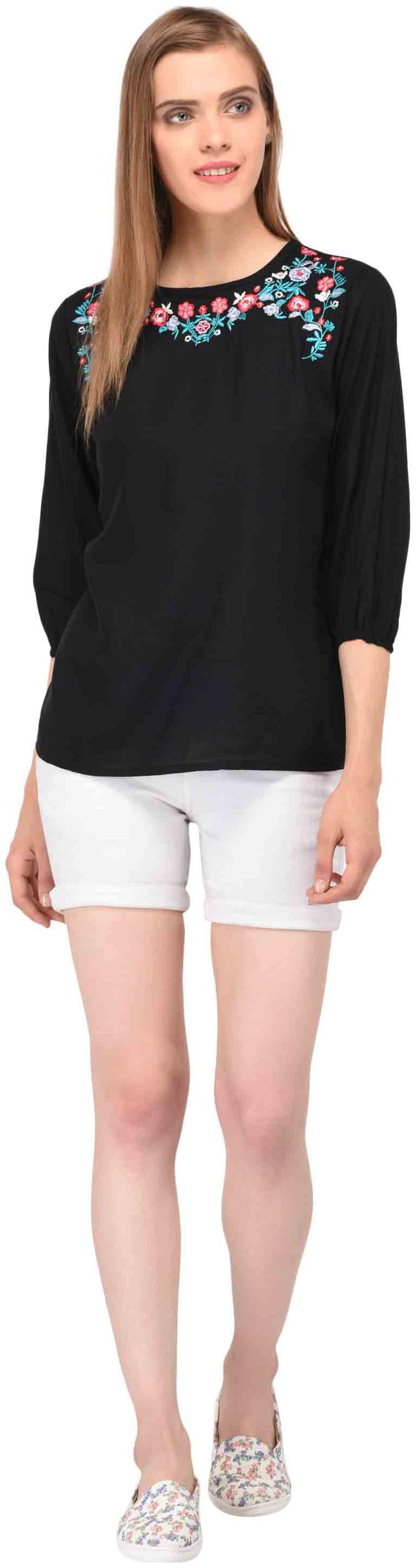 

Amadore Party 3 4th Sleeve Embroidered Women s Black Top