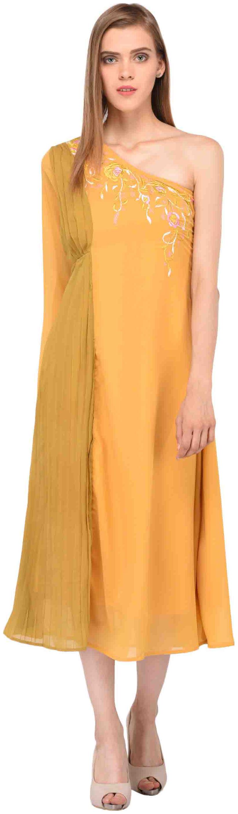 

Amadore Yellow Embroidered Solid A-line dress