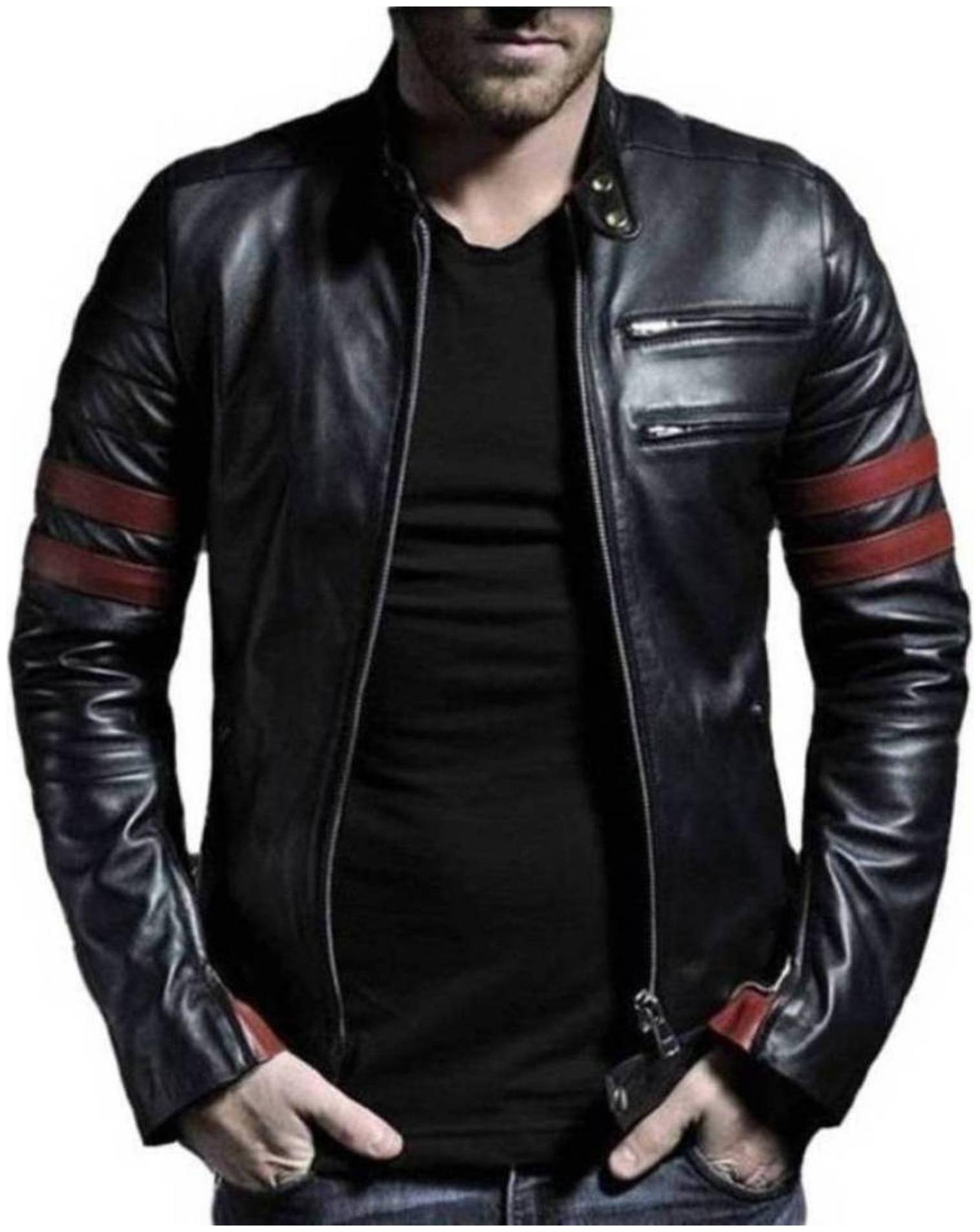 

Amasree Men Black Solid Leather jacket