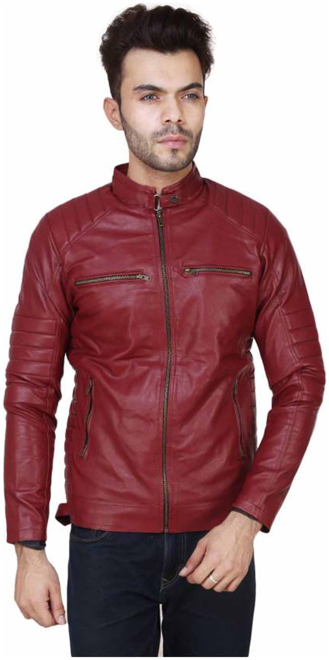 

Amasree Men Maroon Solid Leather jacket