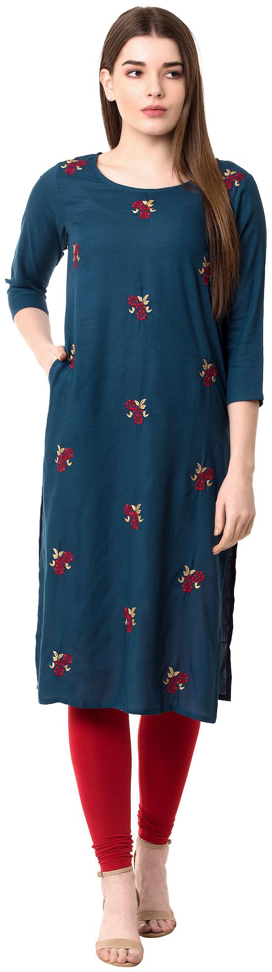 

Ameerah Women Turquoise Floral Straight Kurta