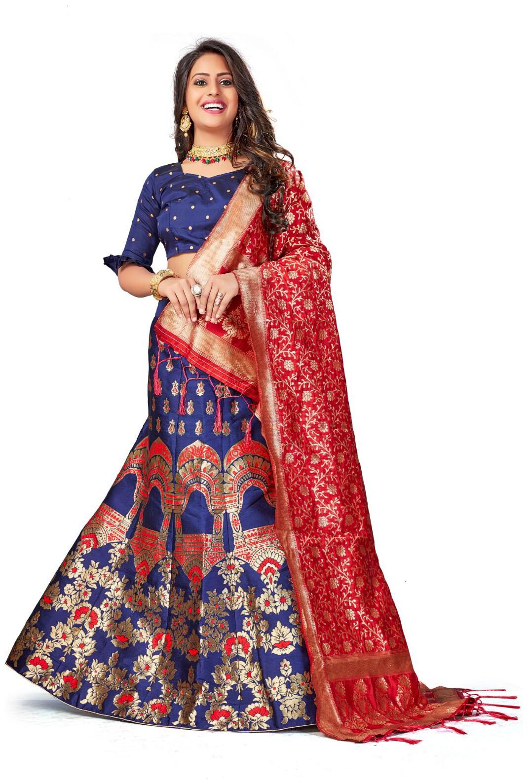 

Amegh Blue Red Color Banarasi Silk Lehenga Choli