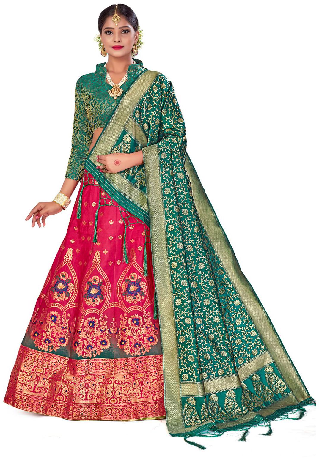 

Amegh Pink Green Color Silk Lehenga Choli