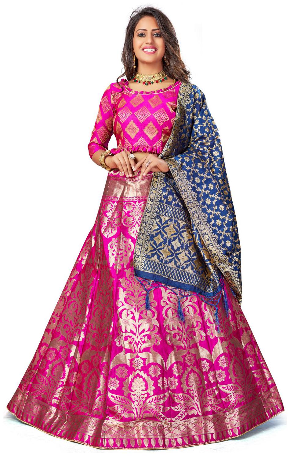 

Amegh Pink Navy Blue Color Banarasi Silk Lehenga Choli