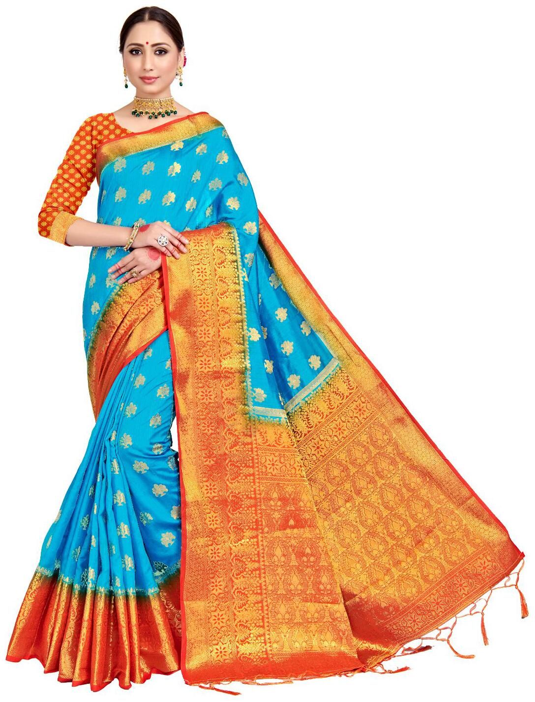 

AMEGH Silk Blue Woven Regular Saree For Women