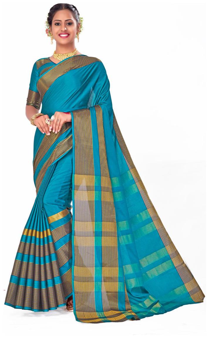 

AMEGH Silk Blue Striped Regular Saree for Women