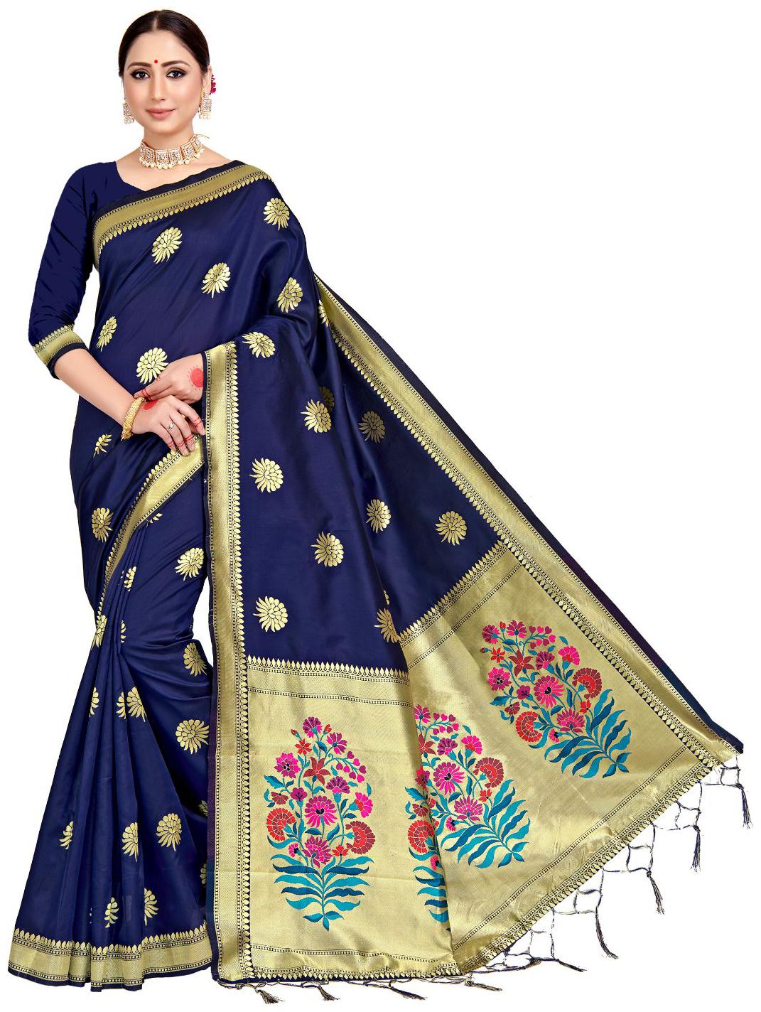 

AMEGH Silk Blue Woven Regular Saree For Women