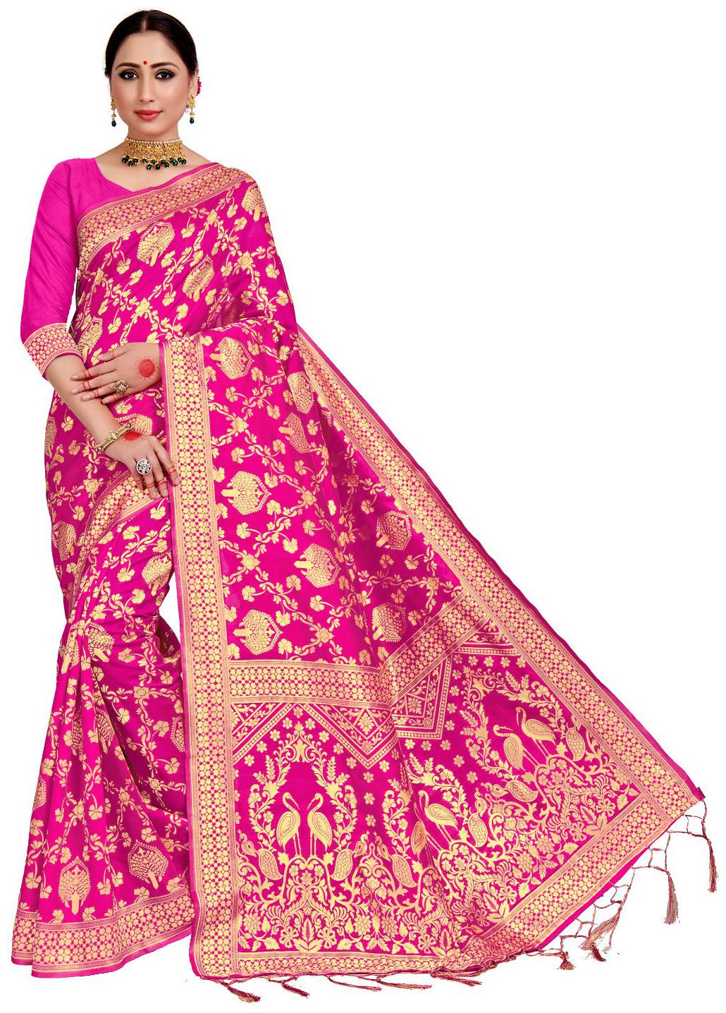 

AMEGH Silk Floral Pink Color Saree with Blouse