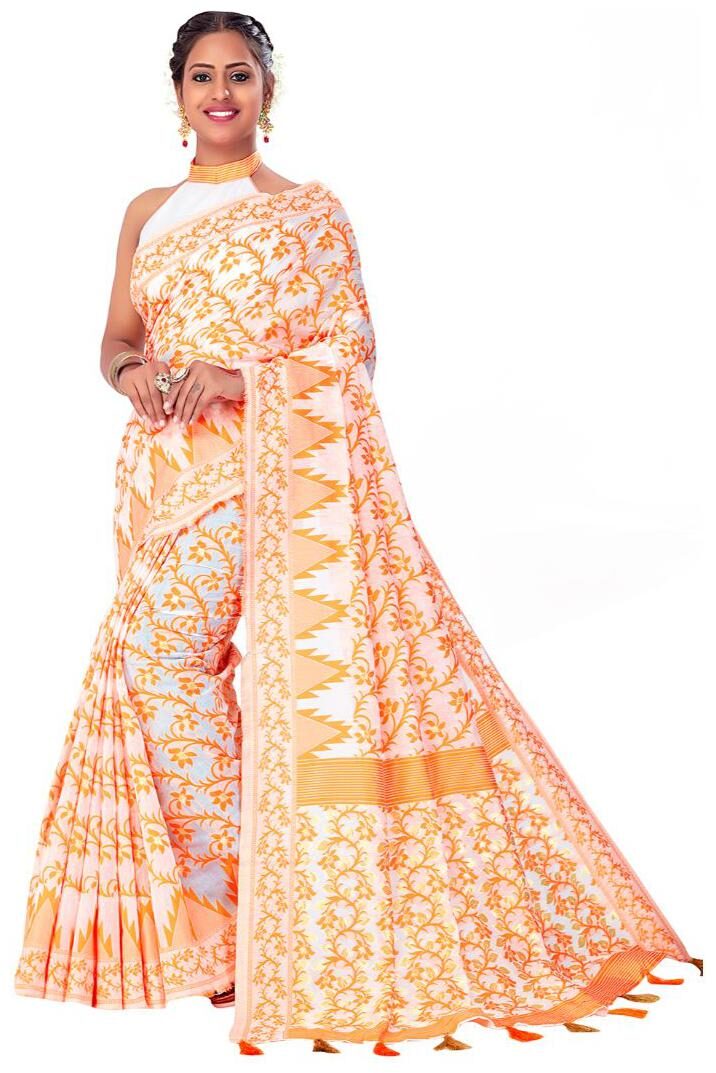 

AMEGH Silk Floral White Orange Designer Saree For Women