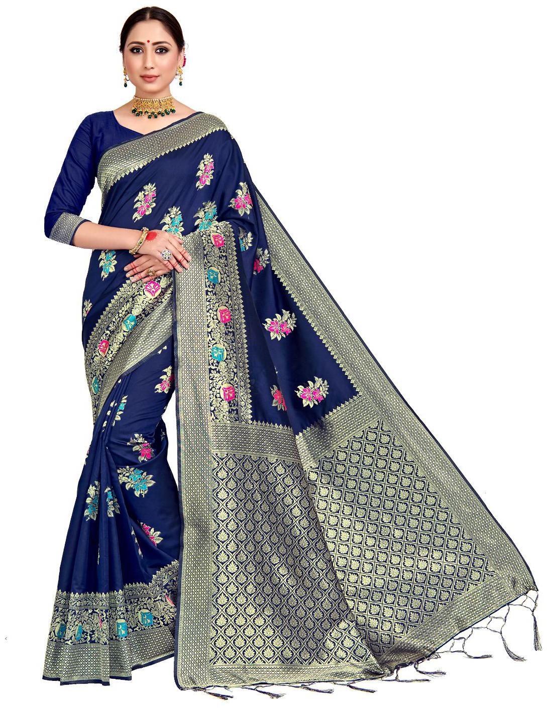 

AMEGH Silk Floral Blue Color Saree with Blouse
