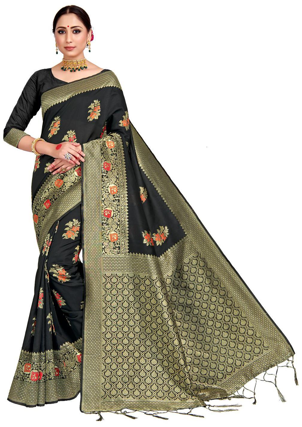 

AMEGH Silk Floral Black Color Saree with Blouse