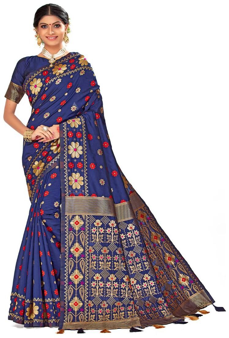 

AMEGH Silk Navy Blue Floral Designer Saree for Women