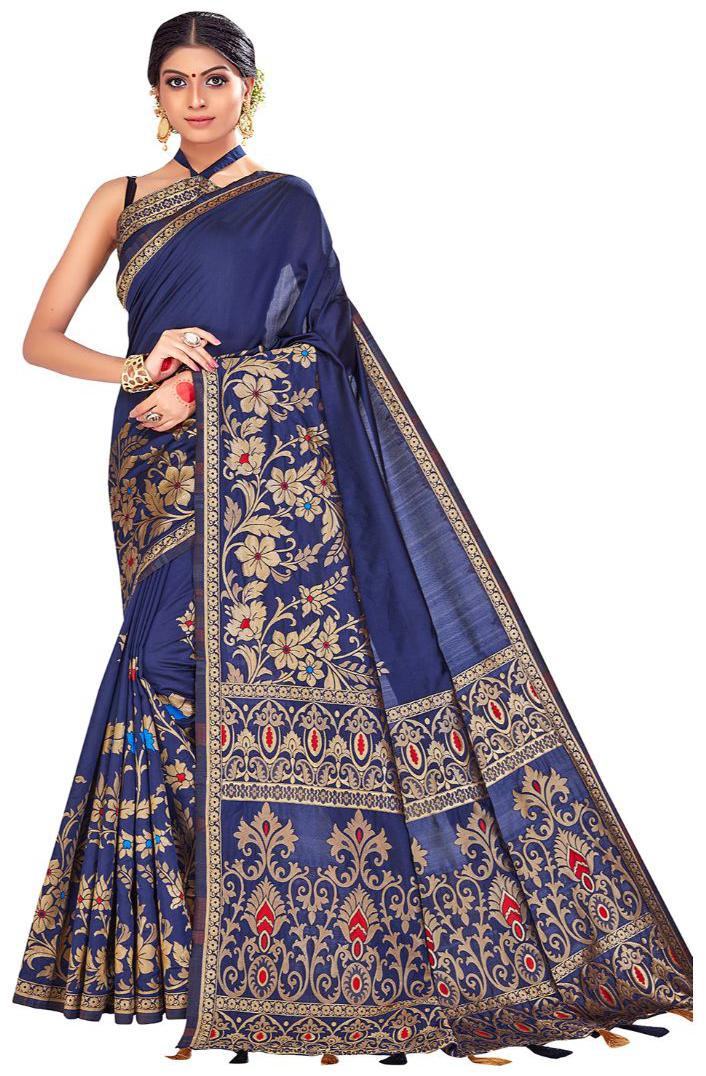 

AMEGH Silk Navy Blue Floral Regular Saree for Women