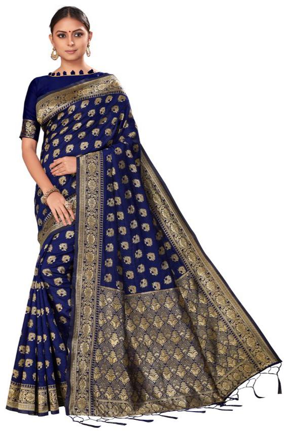 

AMEGH Silk Navy Blue Woven Designer Saree for Women