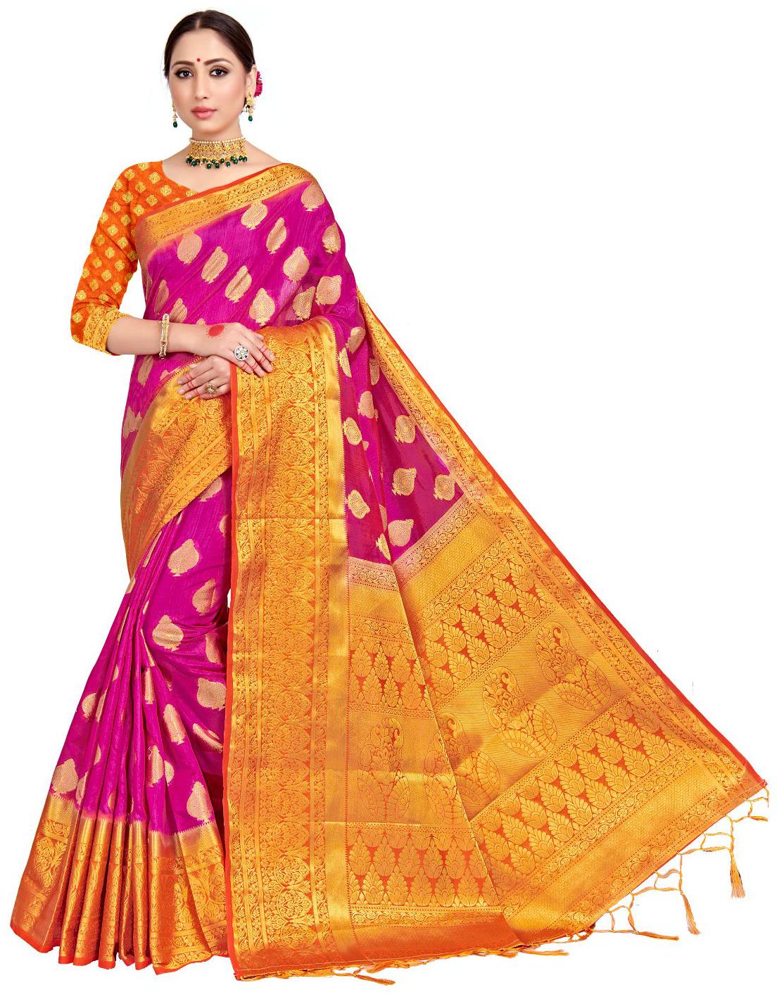 

AMEGH Silk Pink Woven Regular Saree For Women