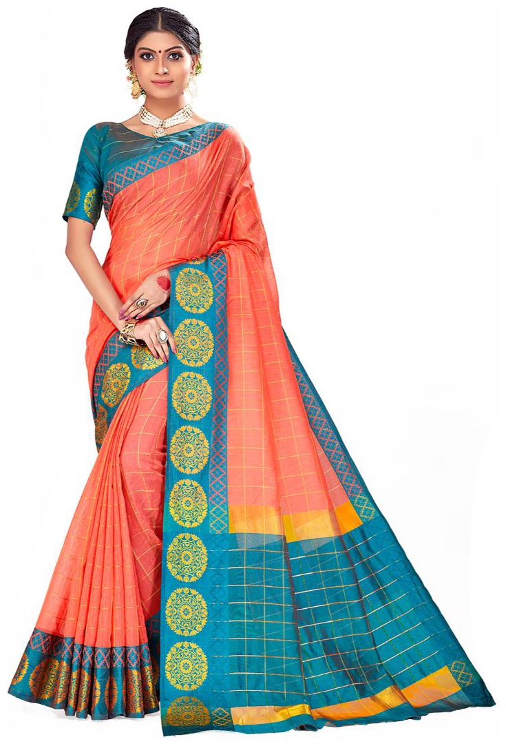 

AMEGH Silk Peach Checkered Regular Saree for Women