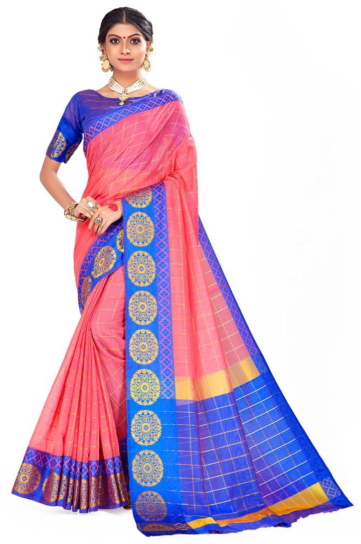 

AMEGH Silk Pink Checkered Regular Saree for Women