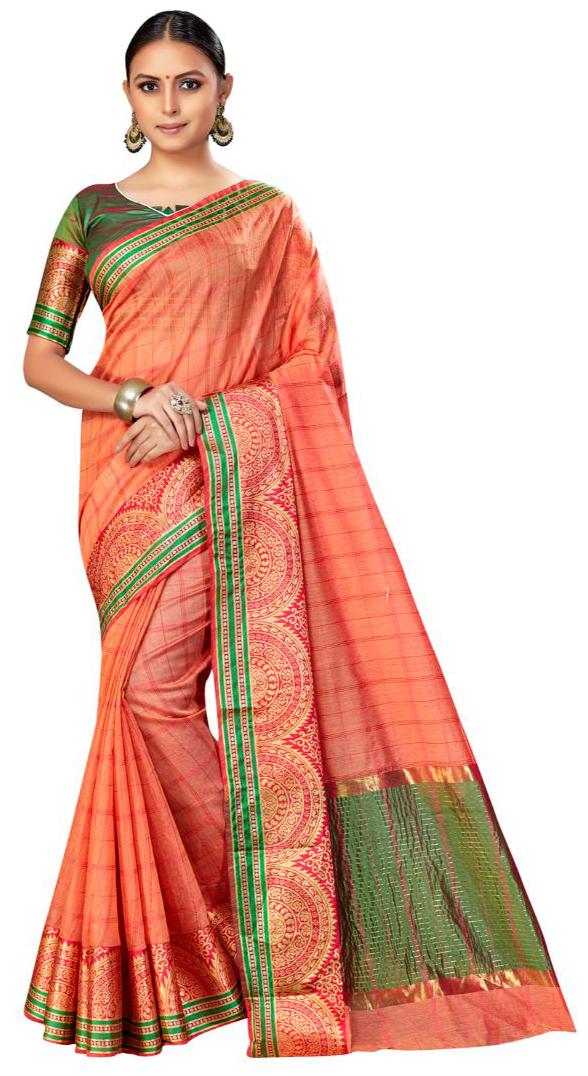 

AMEGH Silk Peach Checkered Designer Saree for Women