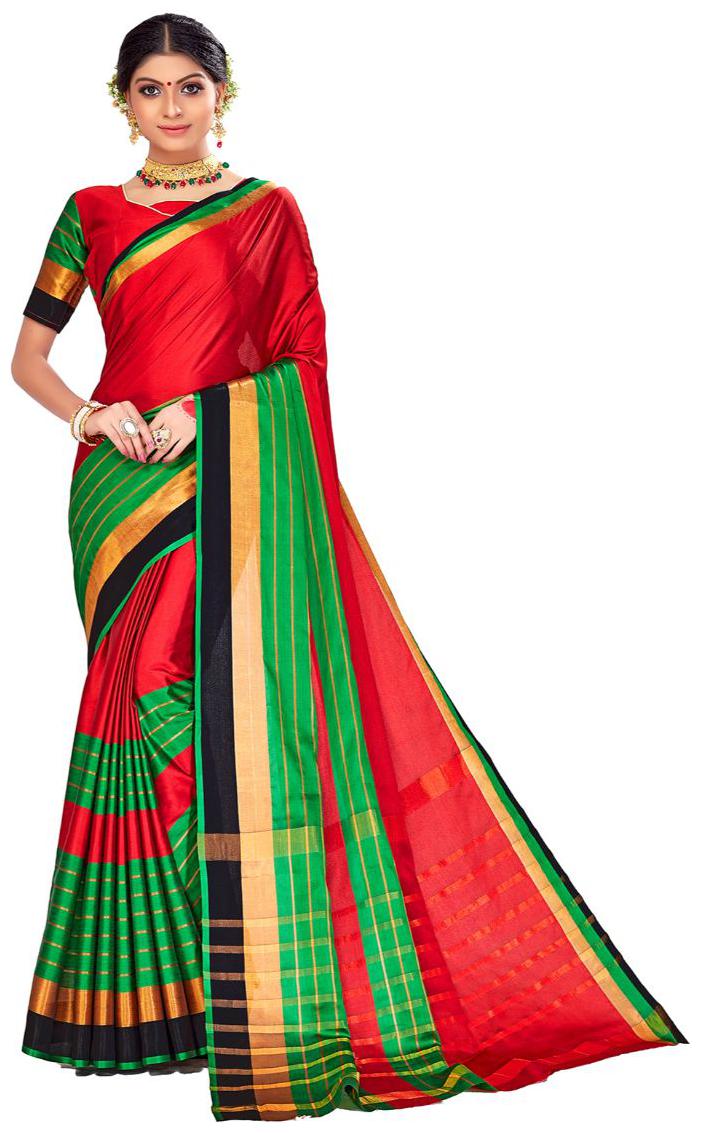 

AMEGH Silk Red Striped Designer Saree for Women