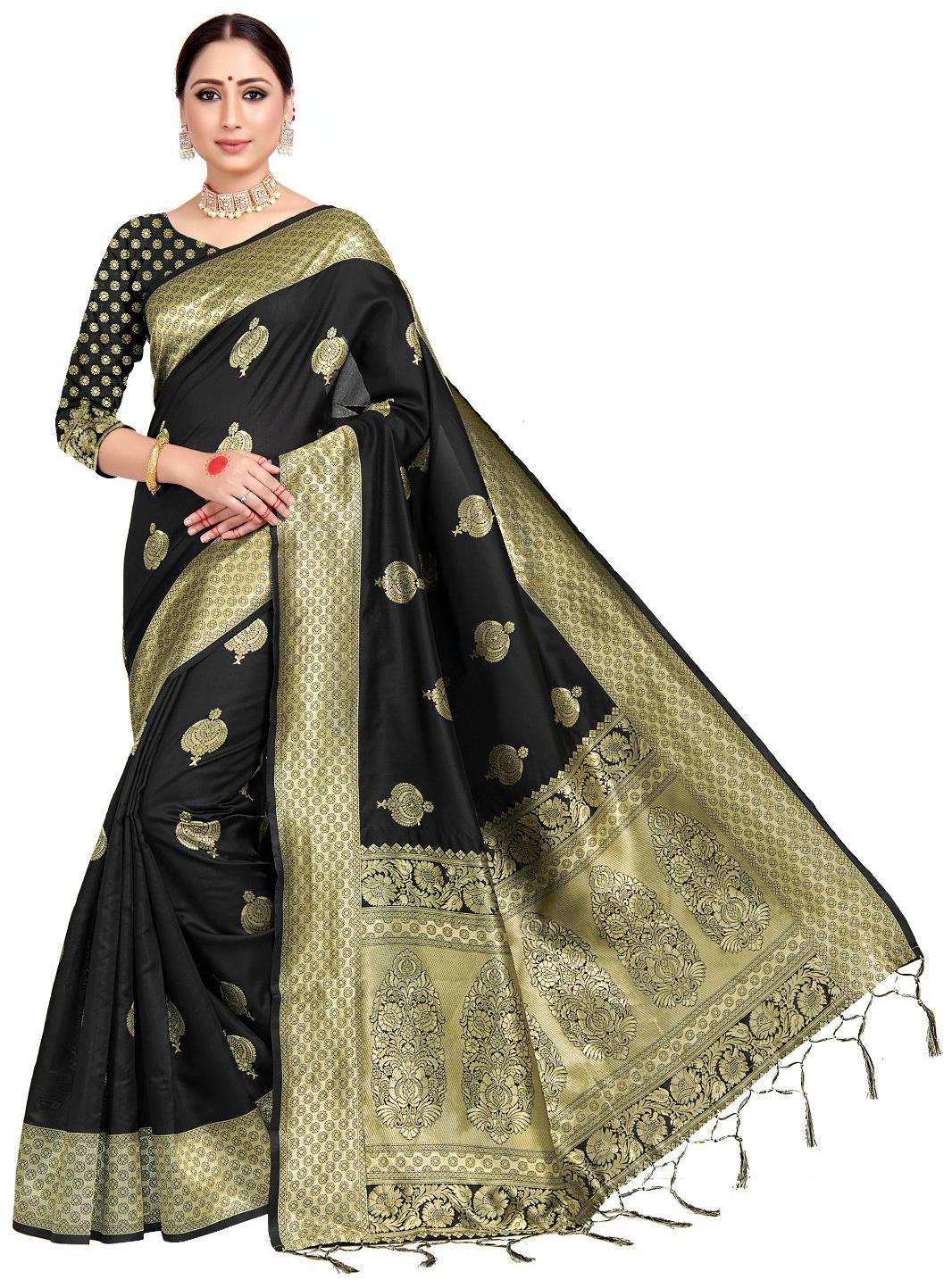 

Amegh Women Banarasi Silk Saree With Blouse Piece (Black)