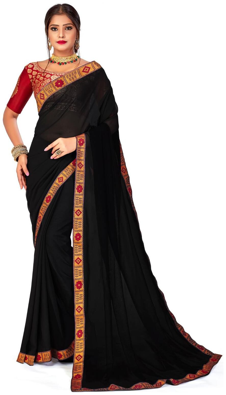 

AMEGH Women Georgette Solid Saree Black