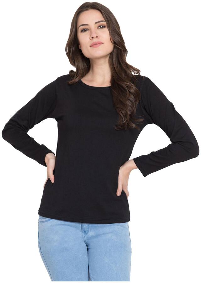 American-Elm Women Black Slim fit Round neck Cotton T shirt