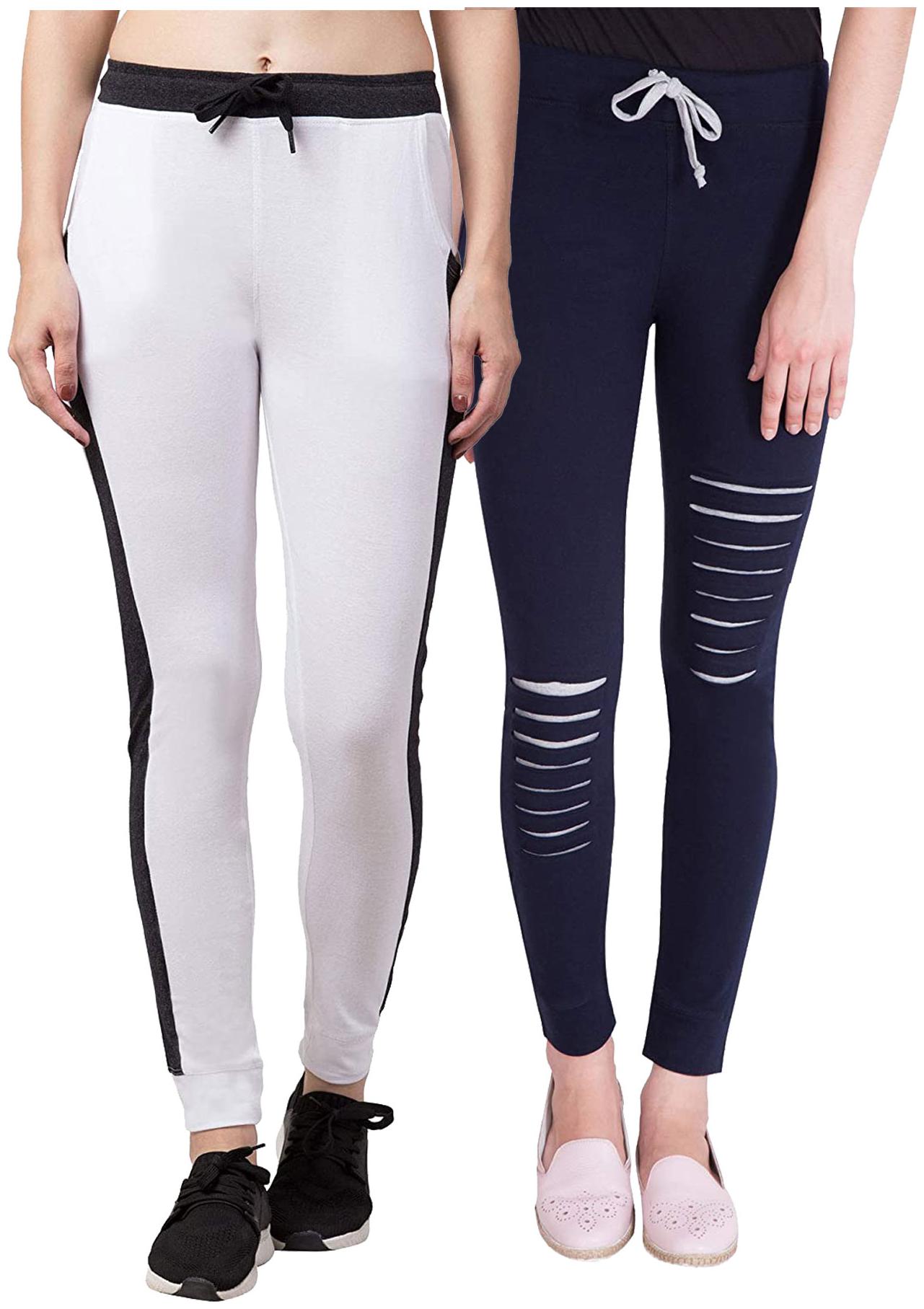 

American-Elm Women Cotton Slim Fit Full Length Joggers ( Blue White) -Pack Of 2