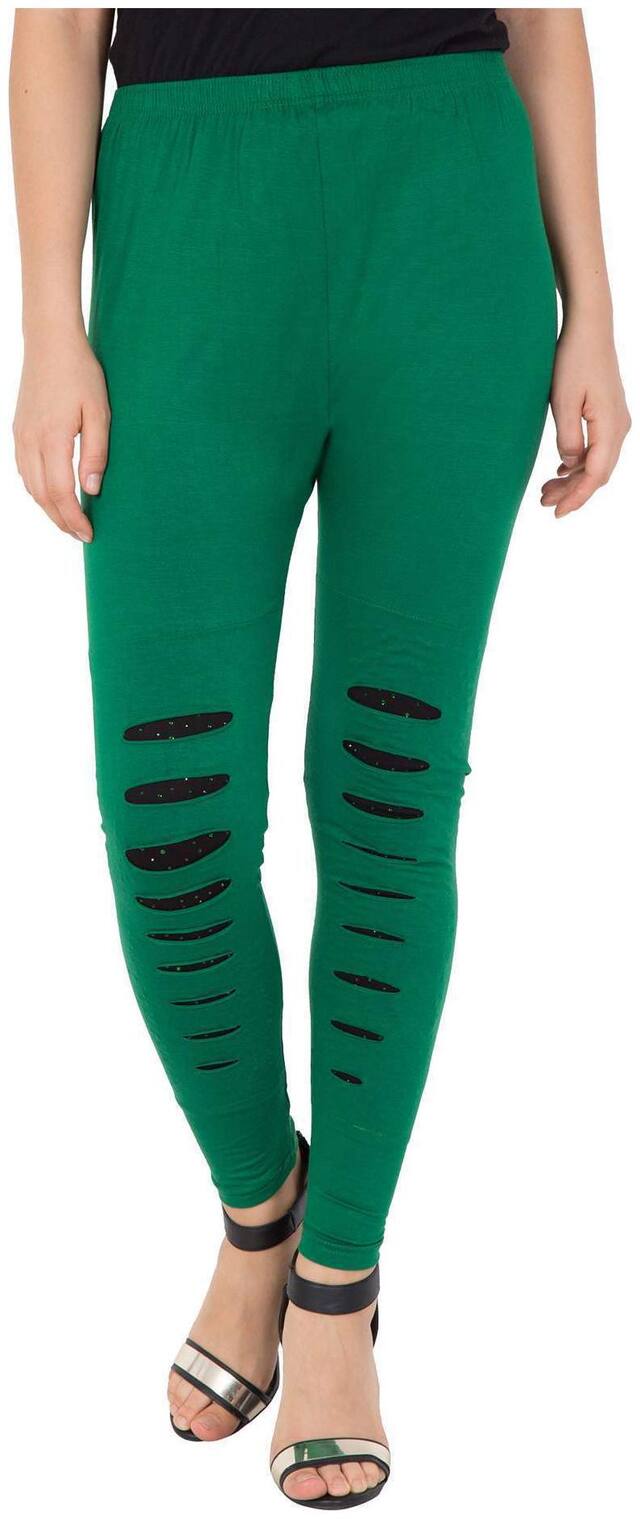 American-Elm Women's Green Cotton Ripped Lagging