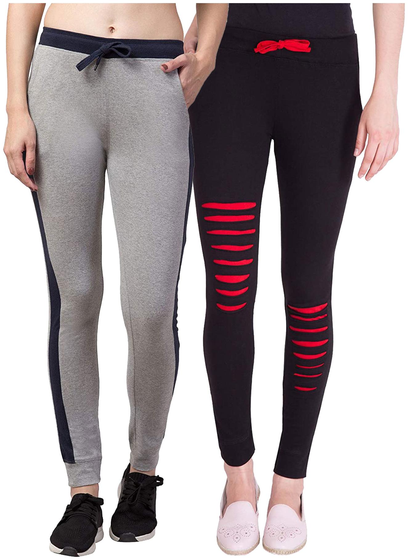 

American-Elm Women Cotton Slim Fit Full Length Joggers (Black Grey) -Pack Of 2