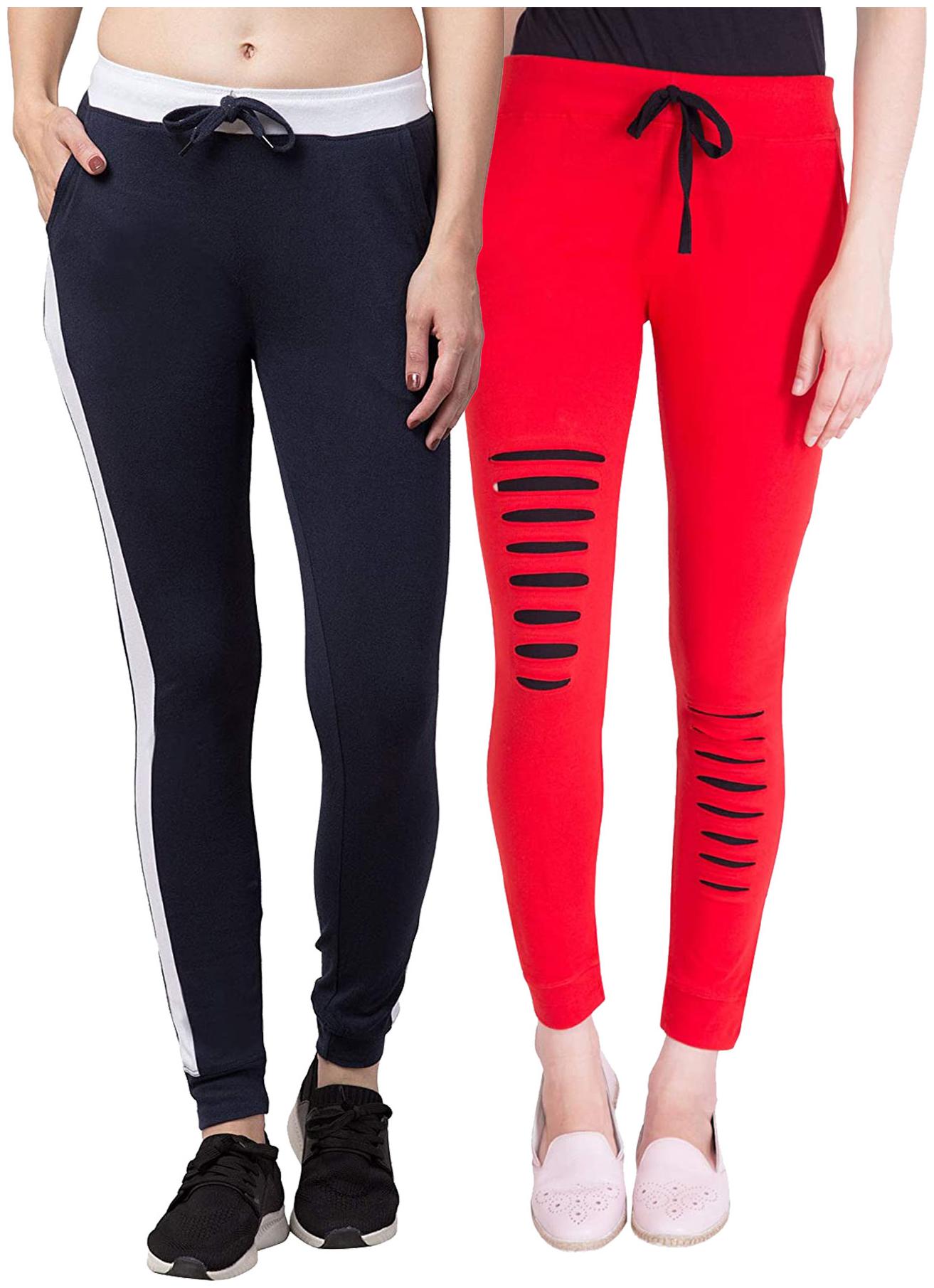 

American-Elm Women Cotton Slim Fit Full Length Joggers (Red Blue) -Pack Of 2