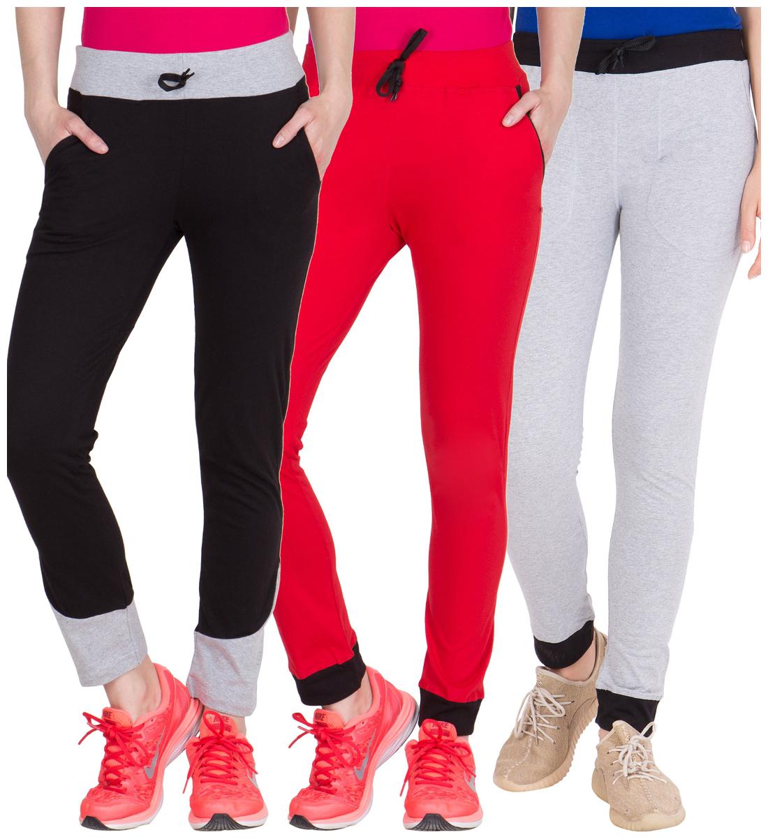 

American-Elm Pack of 3 Women s Cotton Track Pants-Black Red Grey