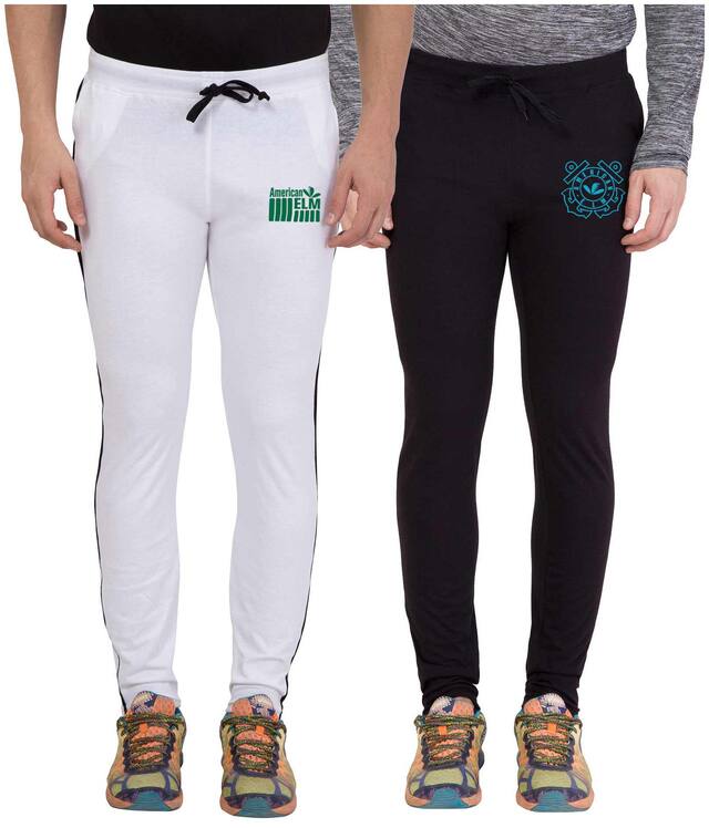 American-Elm Pack of 2 Men's White and Black Cotton Casual Track Pants