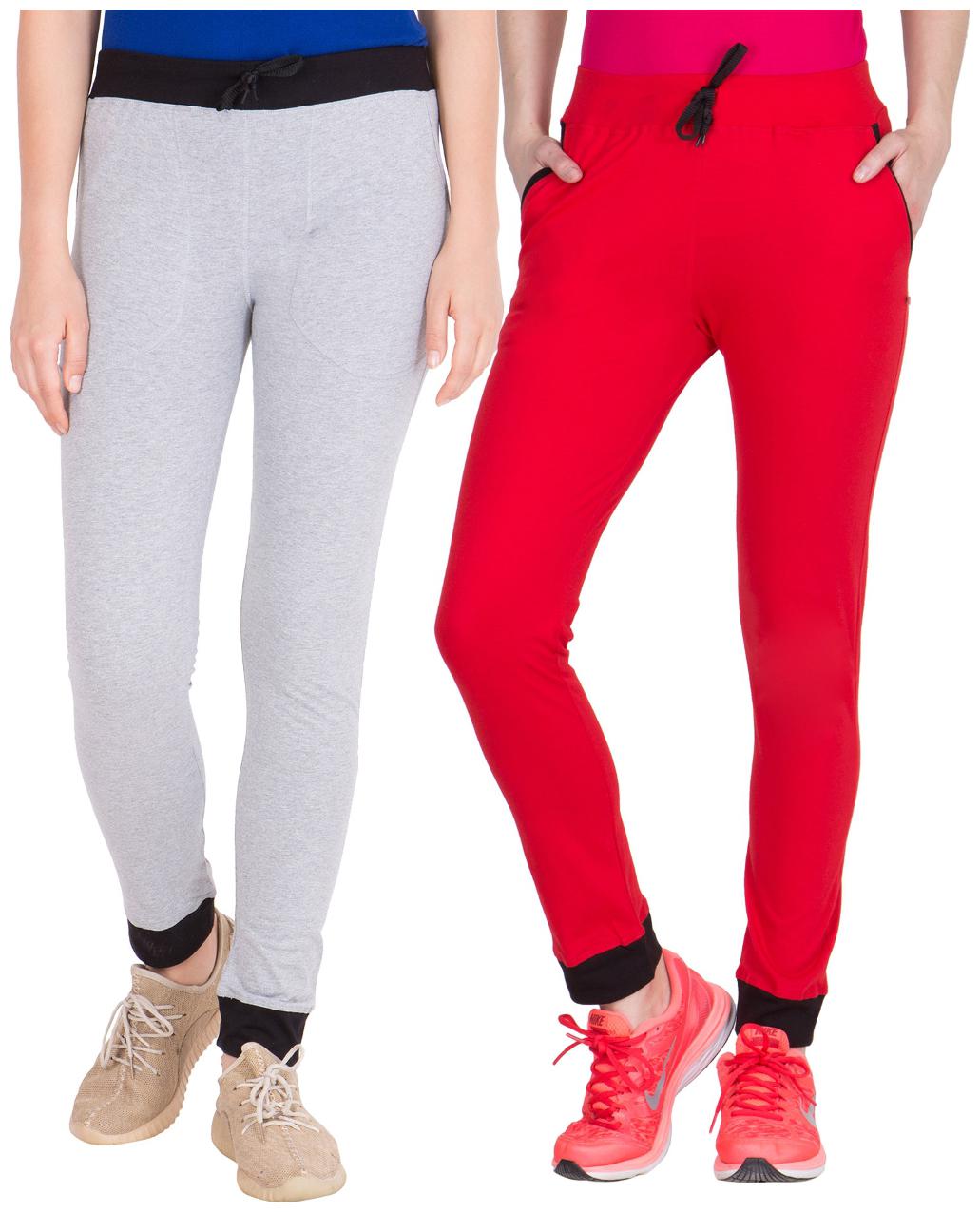 

American-Elm Pack of 2 Women s Cotton Track Pants-Grey Red