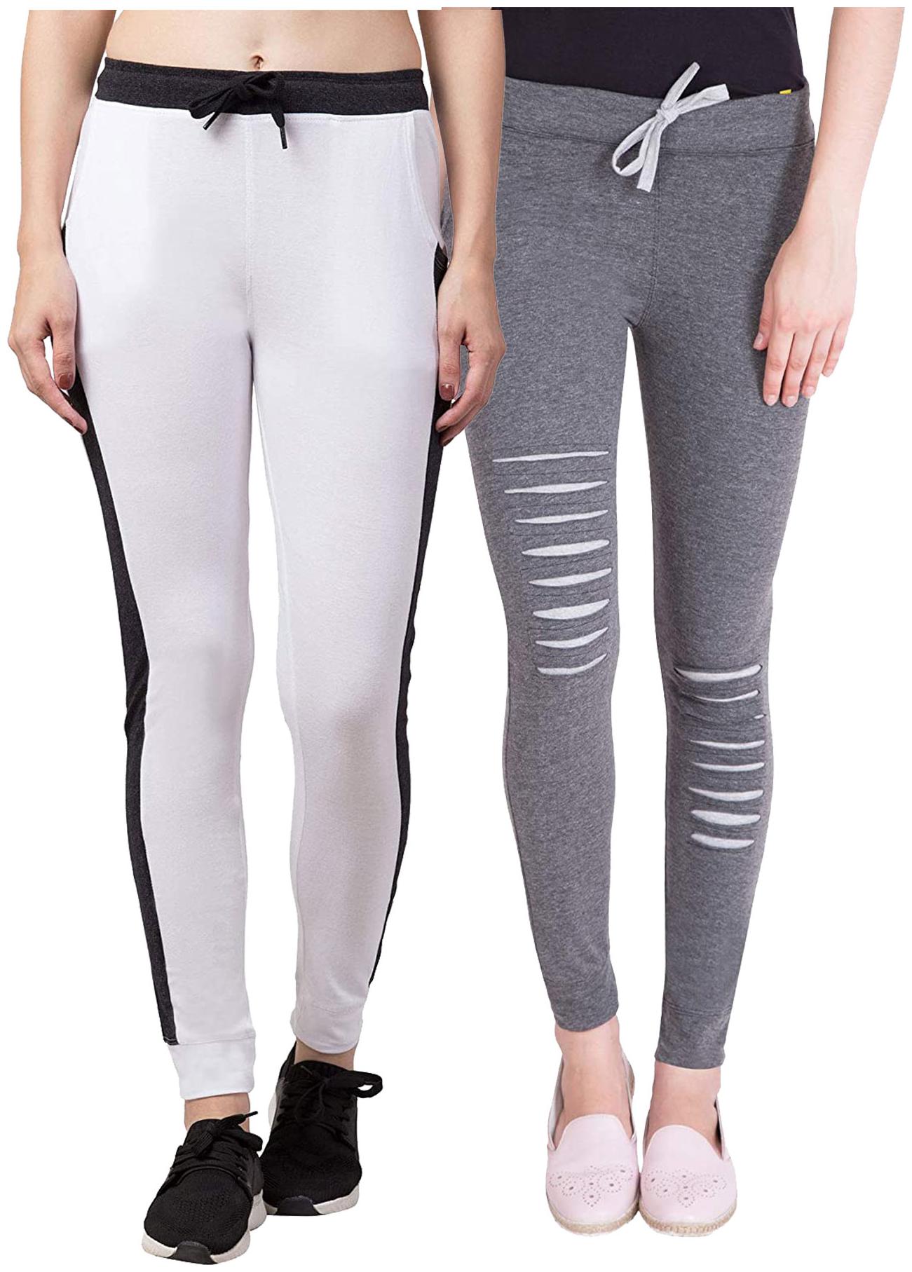 

American-Elm Women Cotton Slim Fit Full Length Joggers (Grey White) -Pack Of 2