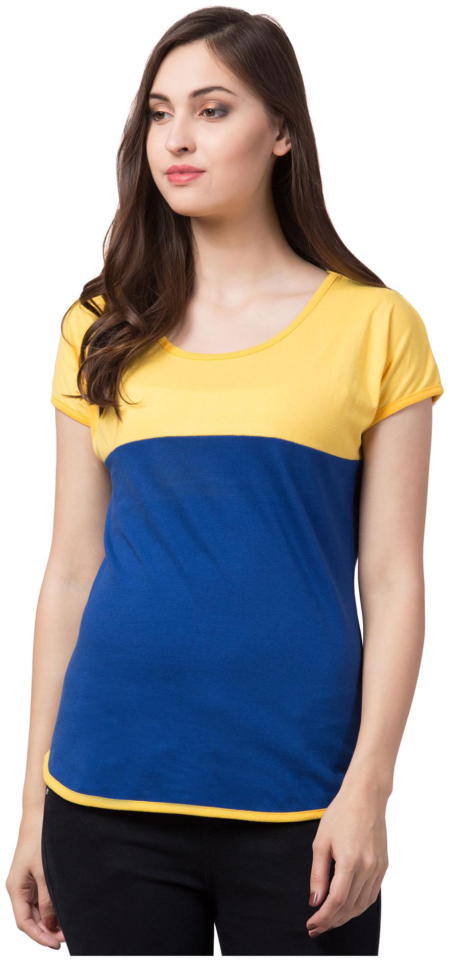 

American-Elm Women Yellow Blue Slim fit Round neck Cotton T shirt