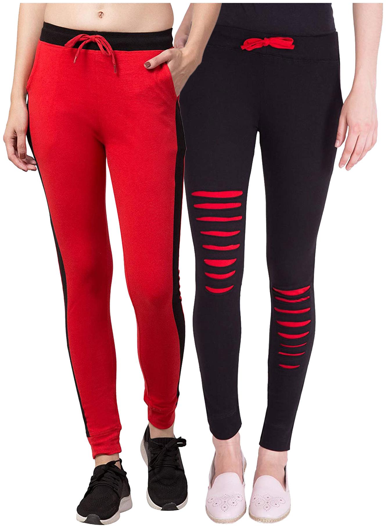 

American-Elm Women Cotton Slim Fit Full Length Joggers (Black Red) -Pack Of 2