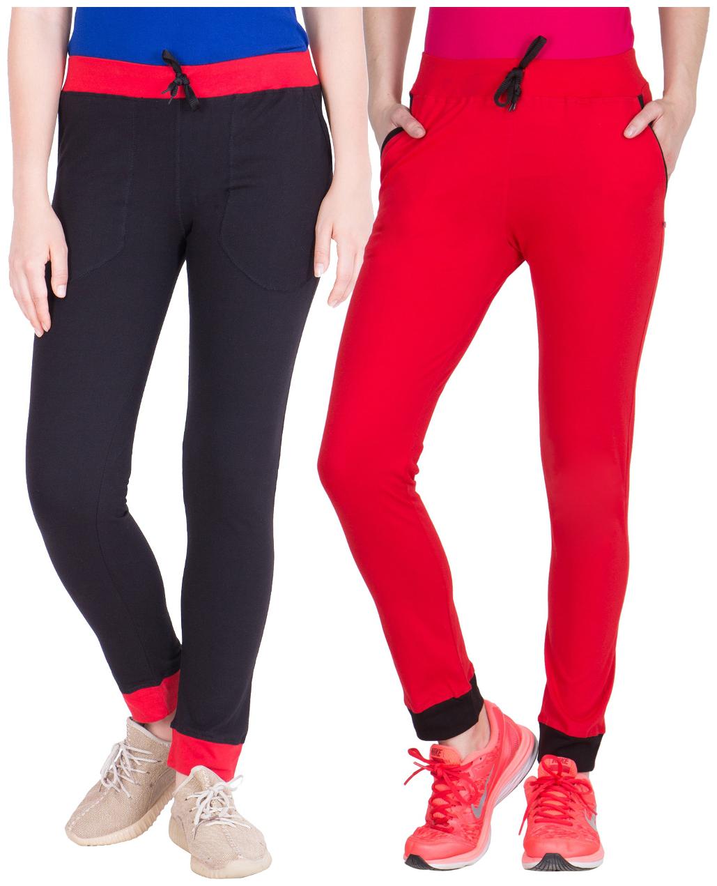 

American-Elm Pack of 2 Women s Cotton Track Pants-Black Red