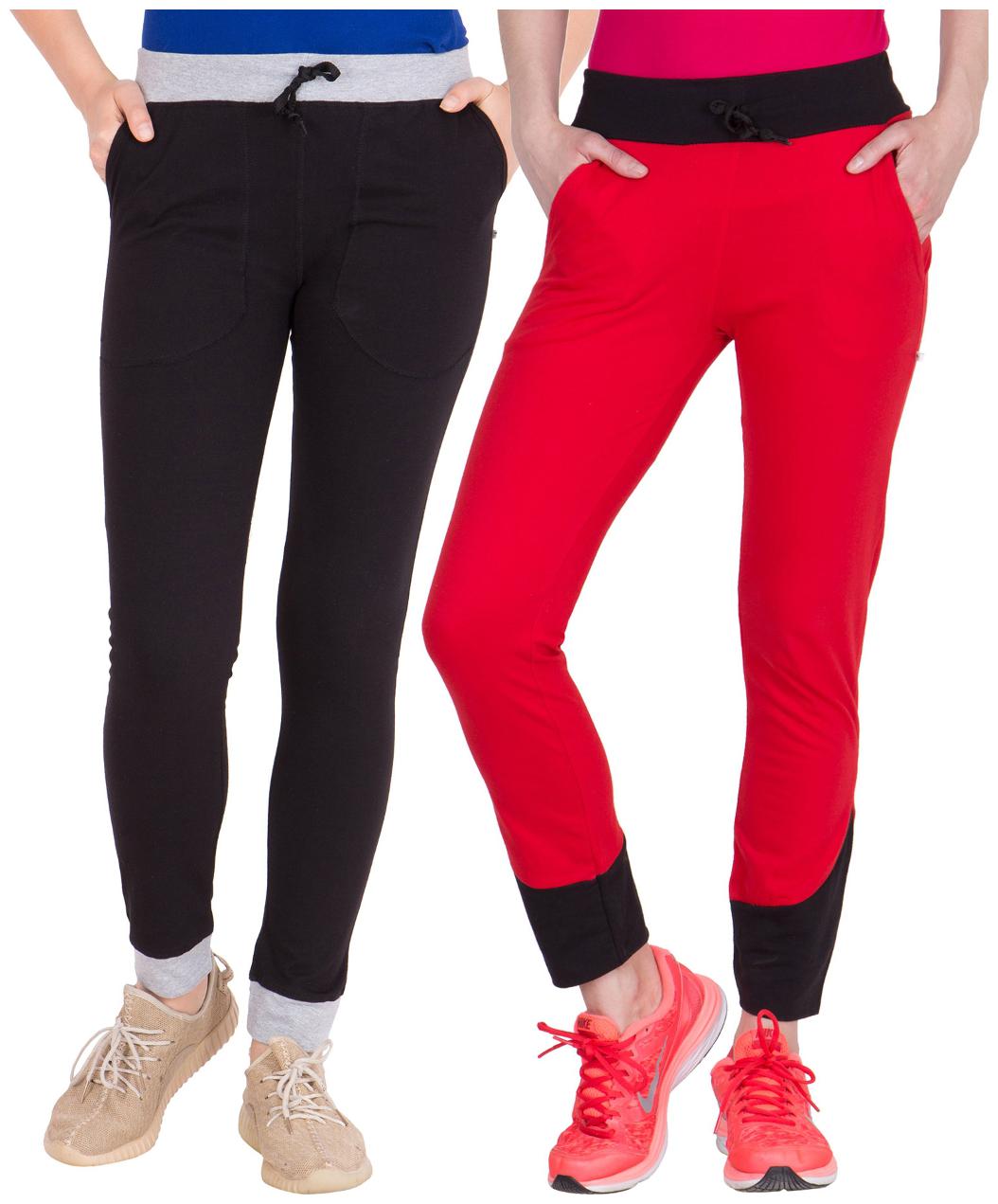 

American-Elm Pack of 2 Women s Cotton Track Pants-Black Red