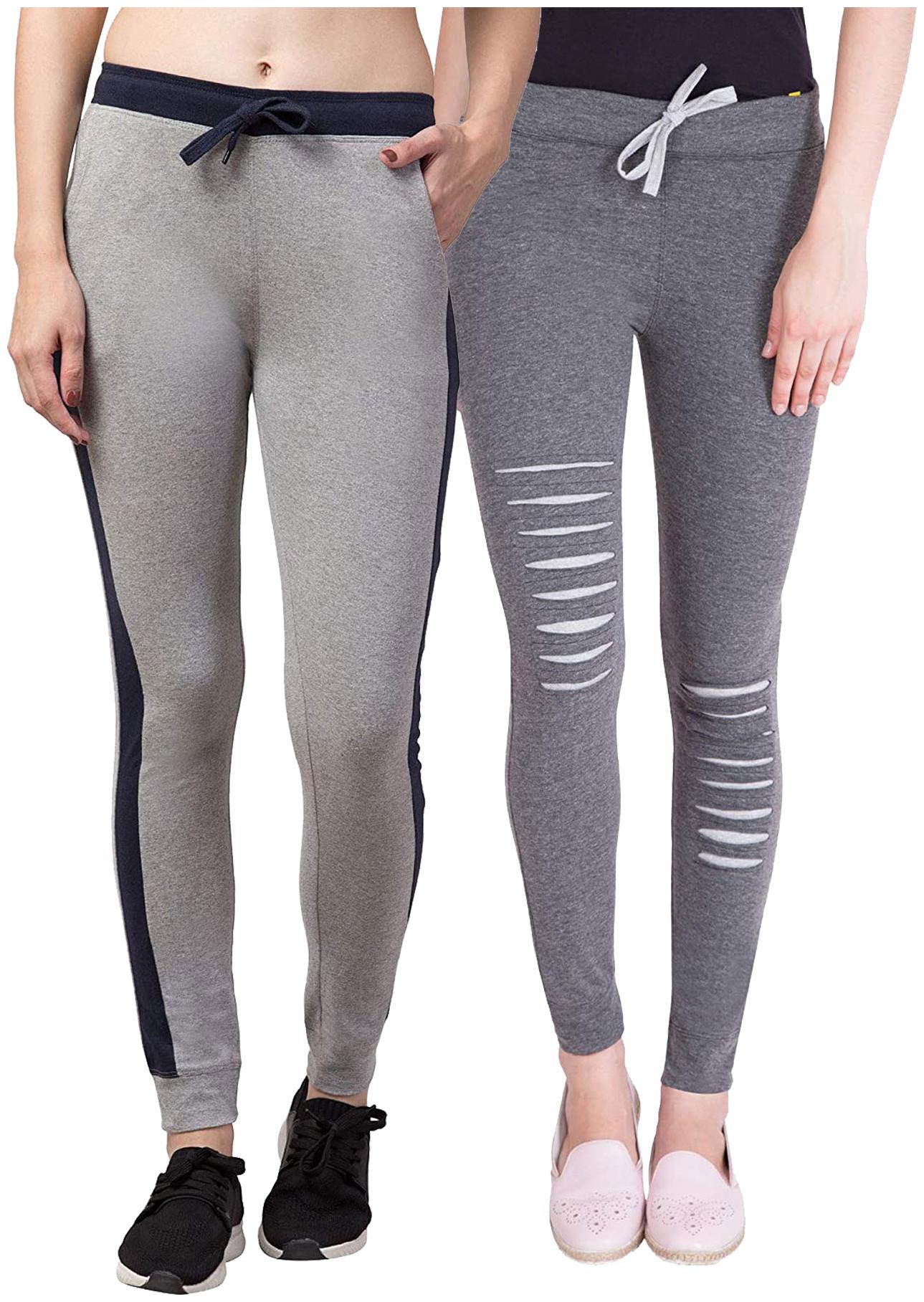

American-Elm Women Cotton Slim Fit Full Length Joggers (Grey) -Pack Of 2