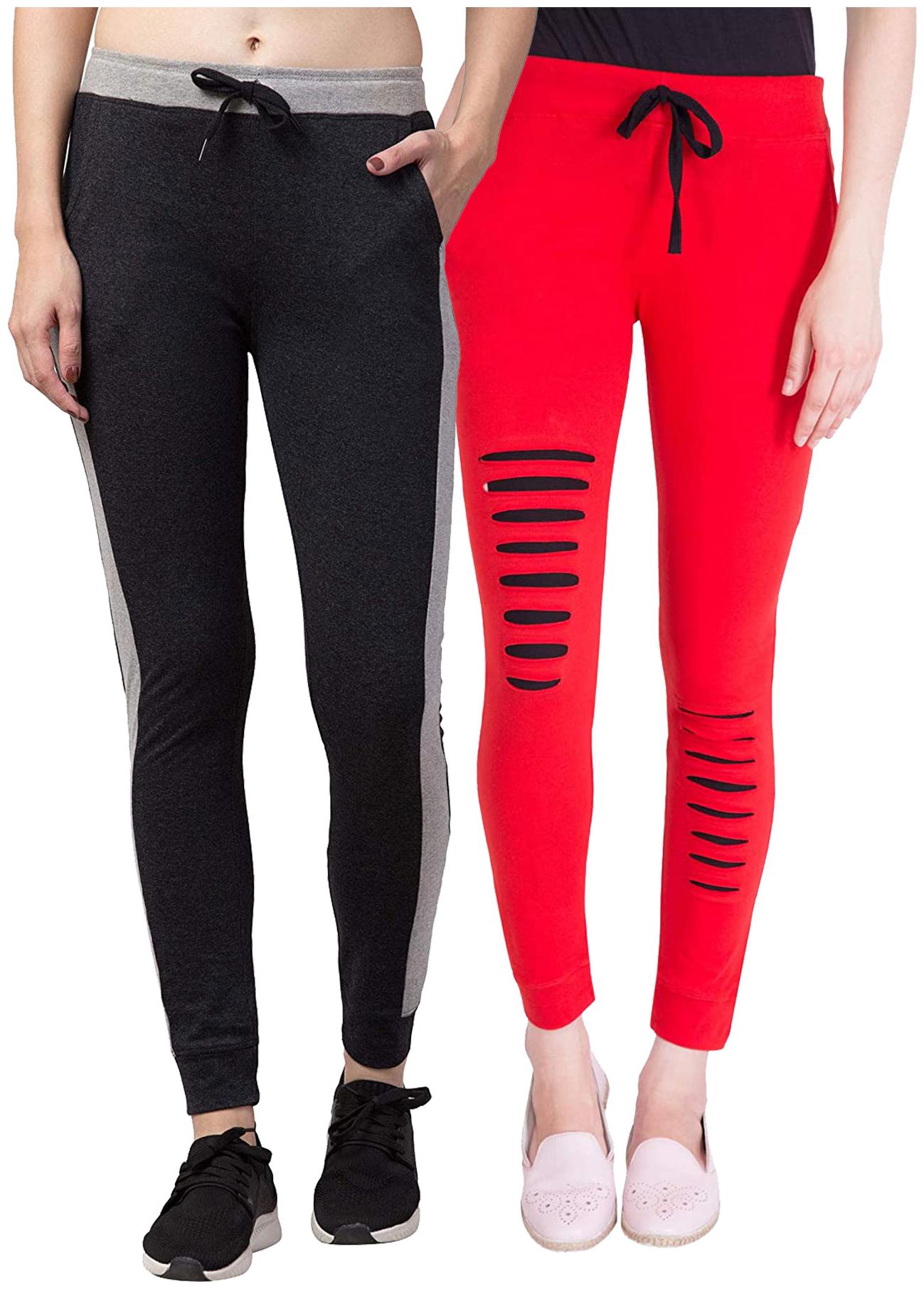 

American-Elm Women Cotton Slim Fit Full Length Joggers (Red Black) -Pack Of 2