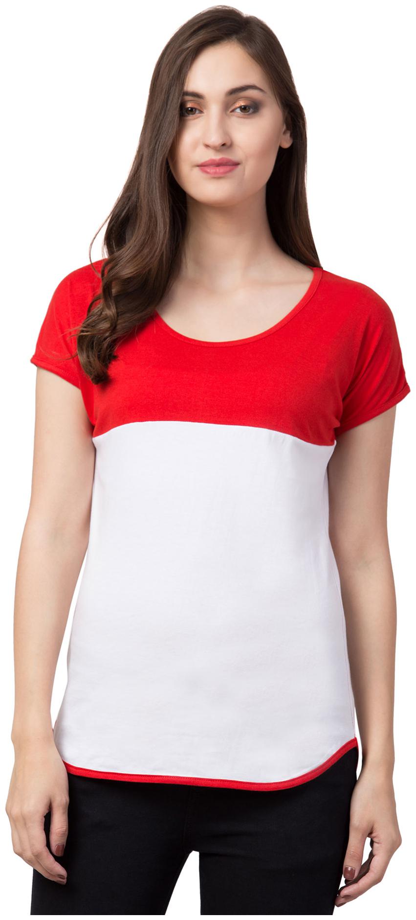 

American-Elm Women Red White Slim fit Round neck Cotton T shirt