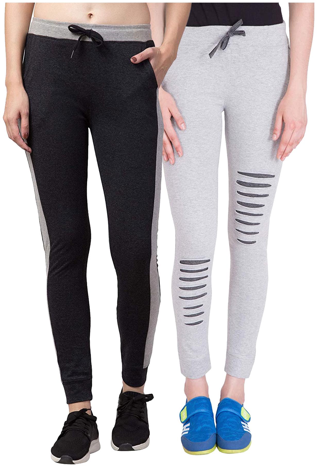 

American-Elm Women Cotton Slim Fit Full Length Joggers (Grey Black) -Pack Of 2