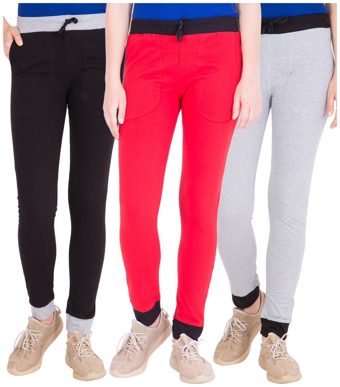 

American-Elm Pack of 3 Women s Cotton Track Pants-Black Red Grey