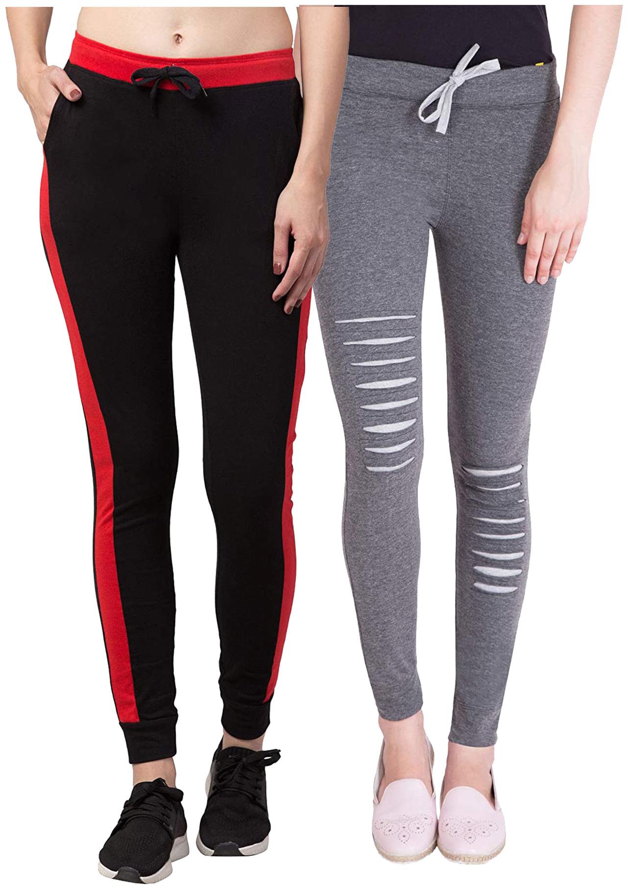 

American-Elm Women Cotton Slim Fit Full Length Joggers (Grey Black) -Pack Of 2