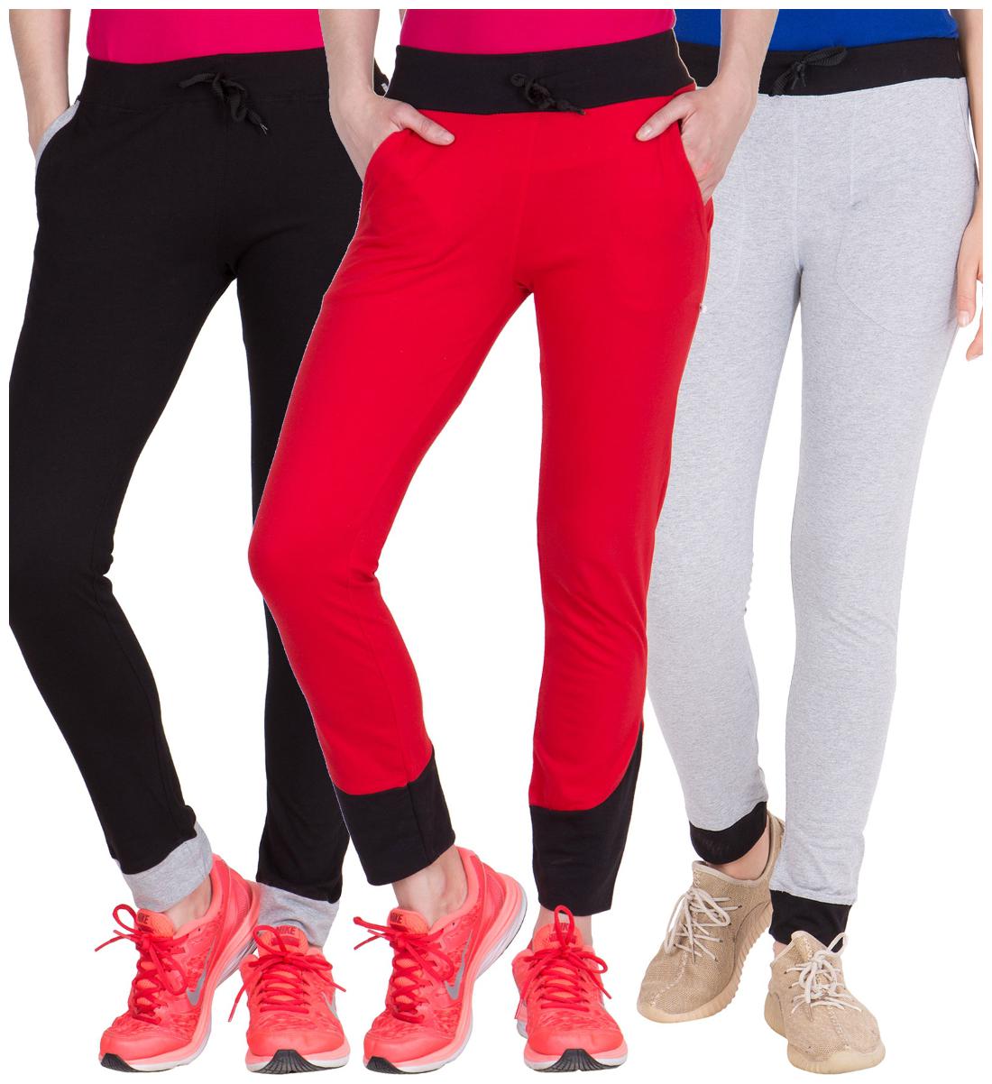

American-Elm Pack of 3 Women s Cotton Track Pants-Black Red Grey