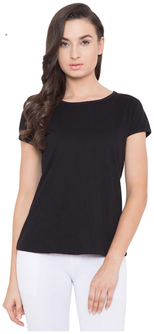 

American-Elm Black Solid Half Sleeve Round Neck T-Shirt For Women