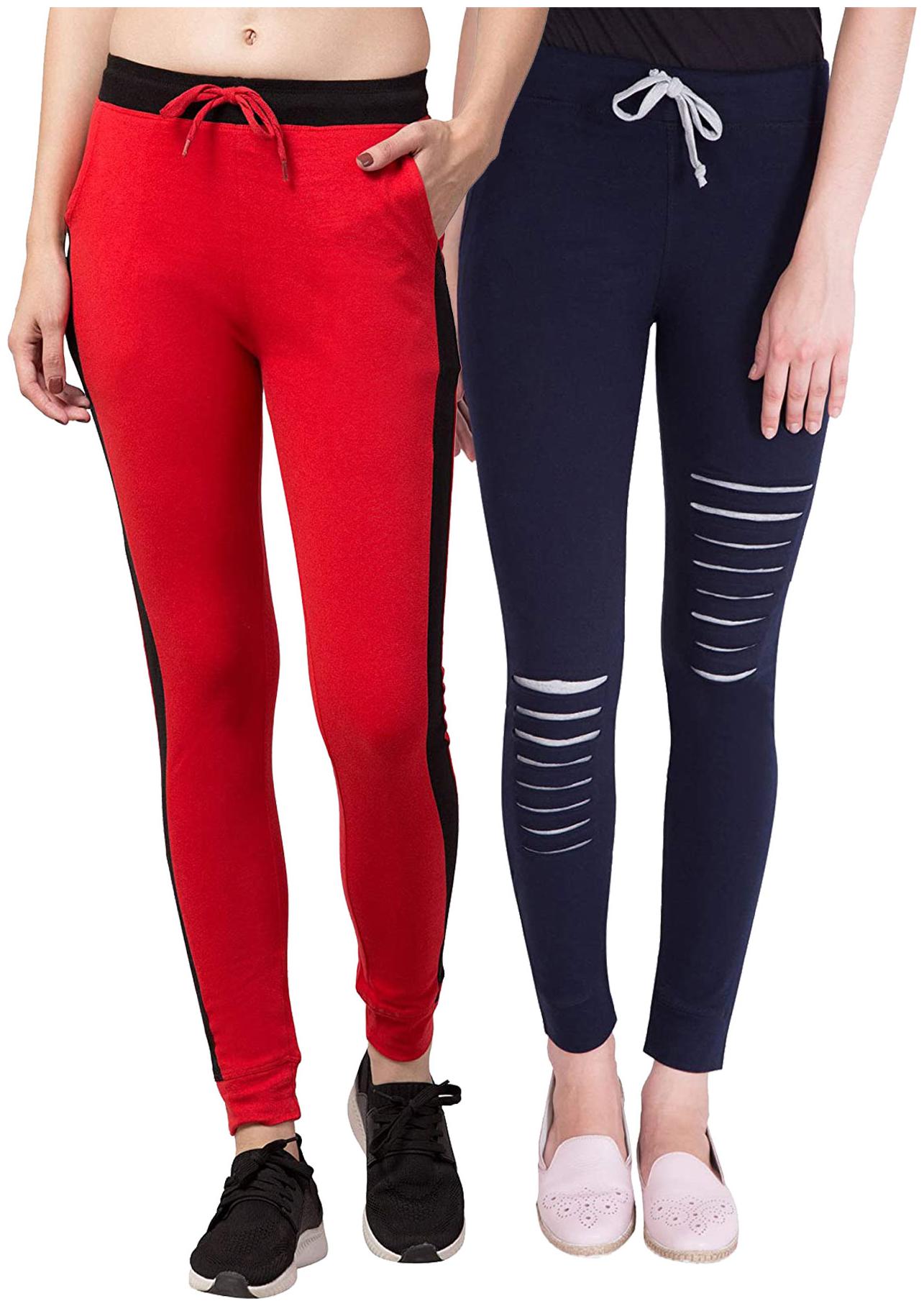 

American-Elm Women Cotton Slim Fit Full Length Joggers ( Blue Red) -Pack Of 2