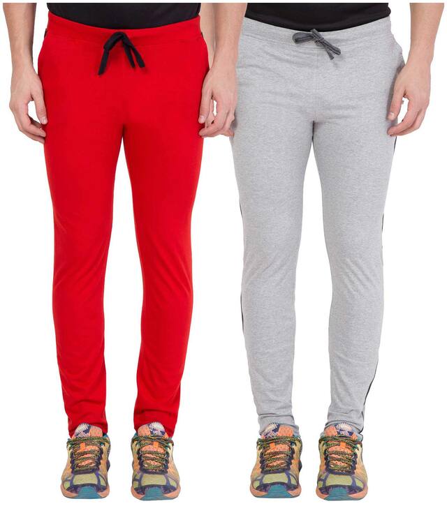 American-Elm Men Red;Light Grey Combo of 2 Multicolour Cotton Solid Trackpants for Everyday